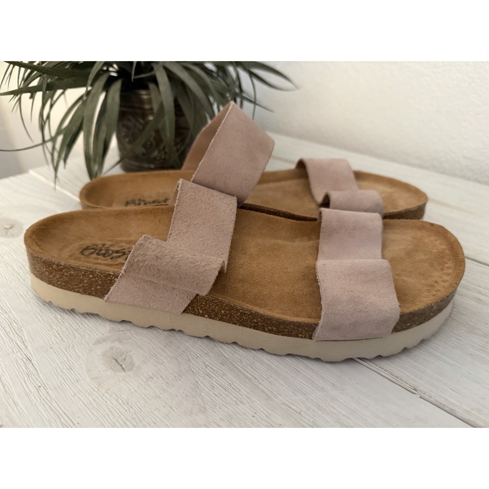 Biostep Leather Sandals 9 Taupe Double Strap Slides Slip On Birks Cork Wedge Tan